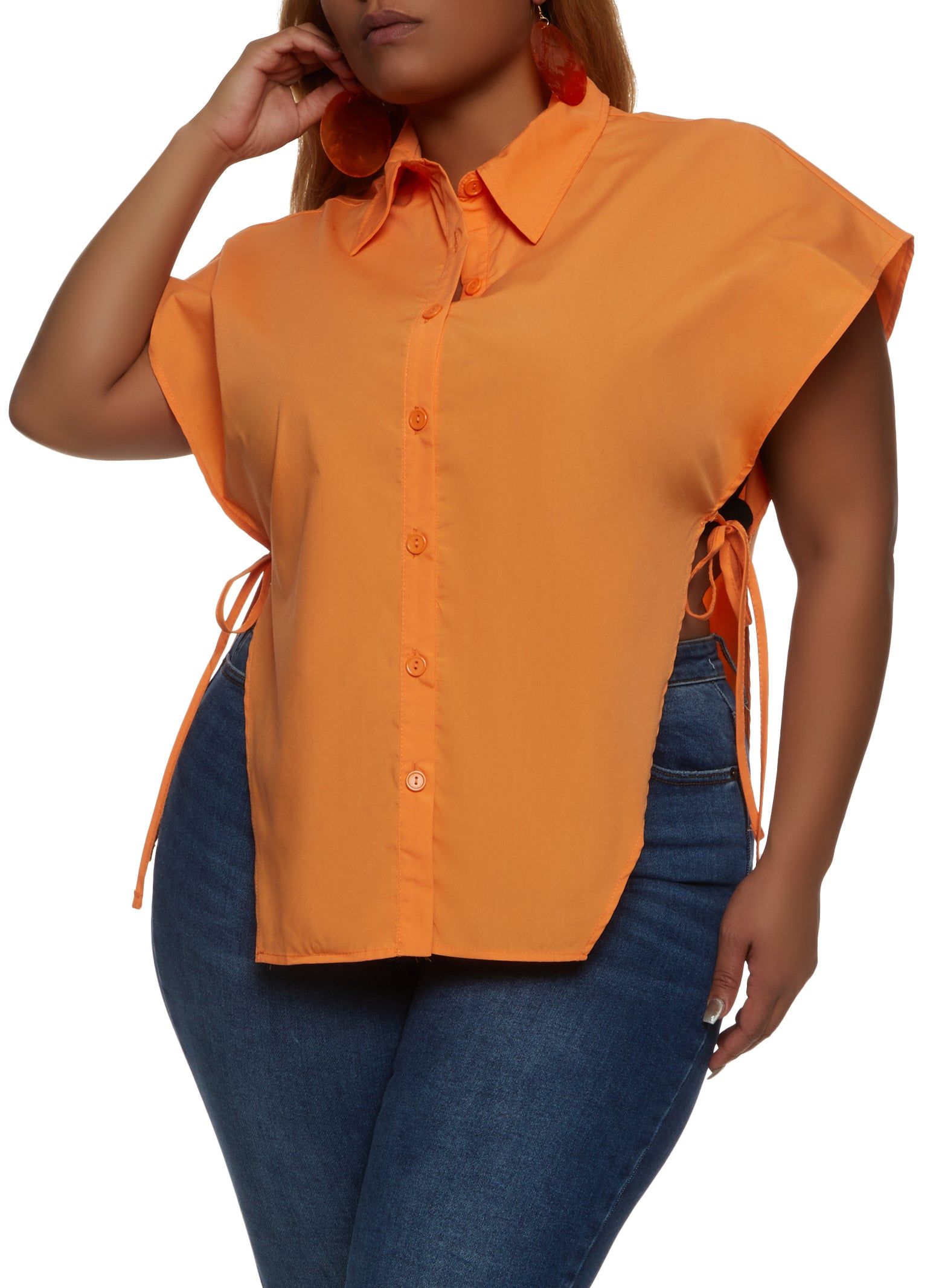 Plus Size Collared Button Front Tie Side Top sold by Rainbow