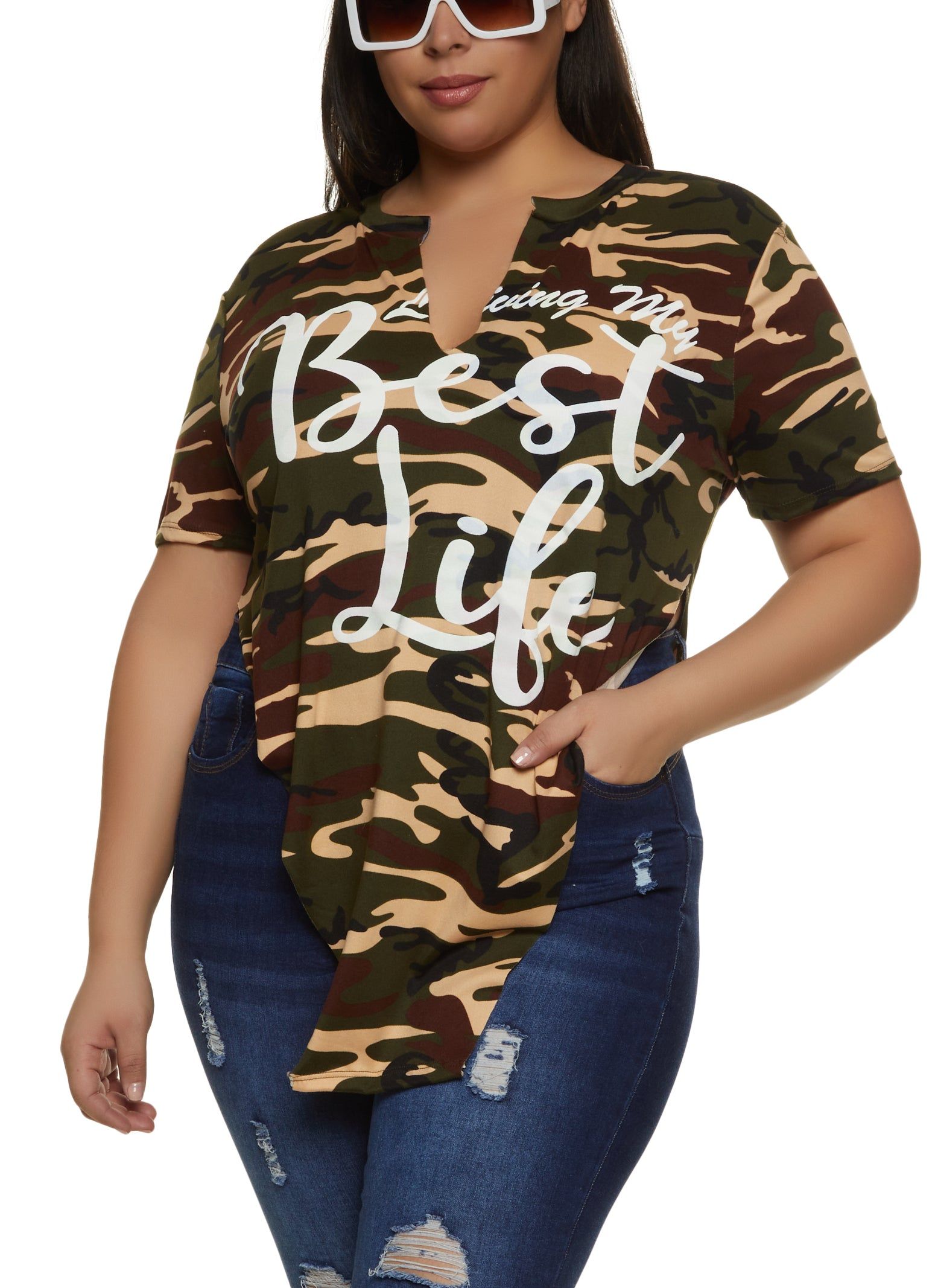 Plus Size Living My Best Life Hanky Hem Graphic Tee sold by Rainbow