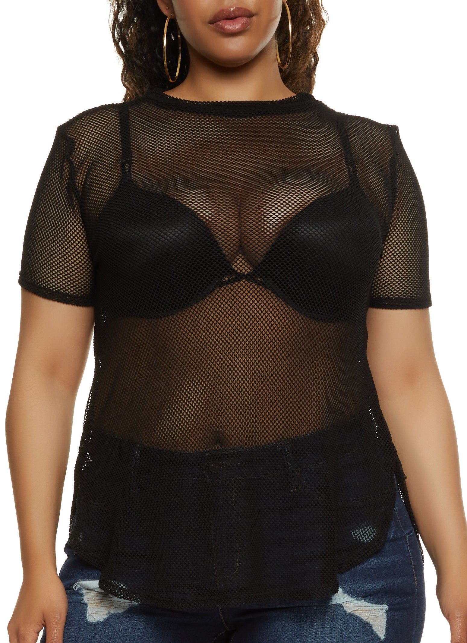 Plus Size Fishnet Short Sleeve Top sold by Rainbow