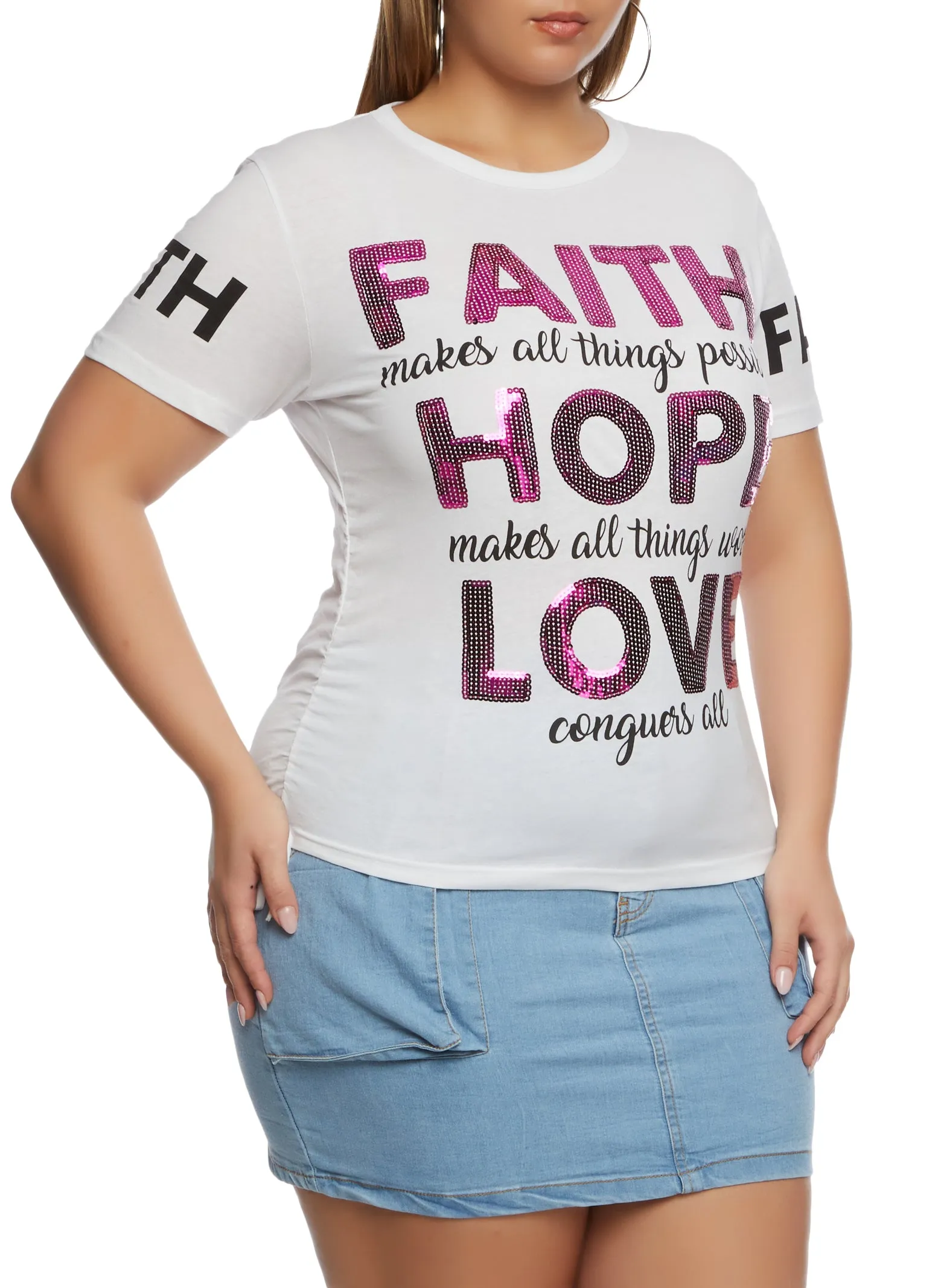 Plus Size Sequin Faith Hope Love Ruched Graphic T Shirt sold by Rainbow product image thumbnail 2