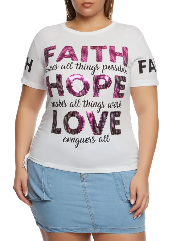Plus Size Sequin Faith Hope Love Ruched Graphic T Shirt sold by Rainbow