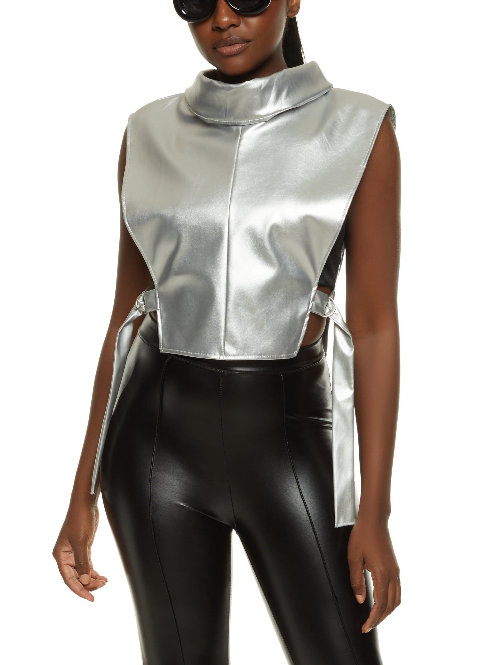 Faux Leather Open Side Turtleneck Top sold by Rainbow