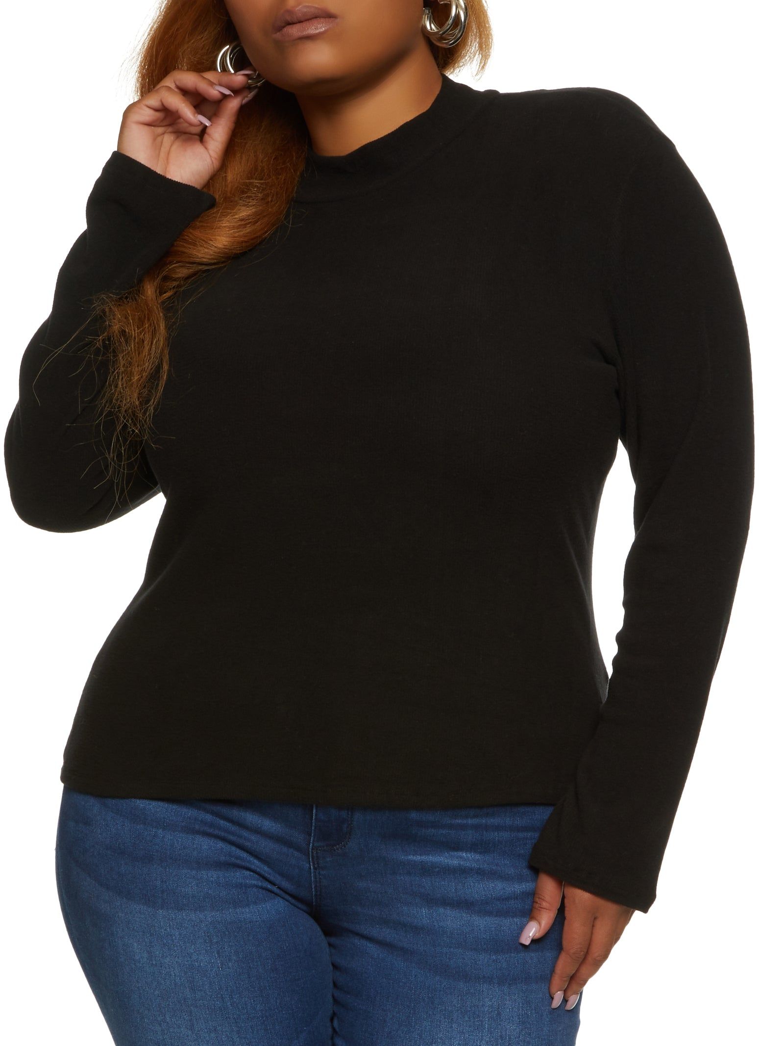 Plus Size Ribbed Knit Mock Neck Long Sleeve Top sold by Rainbow
