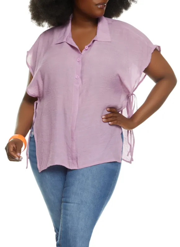 Plus Size Solid Open Side Tie Button Front Top sold by Rainbow