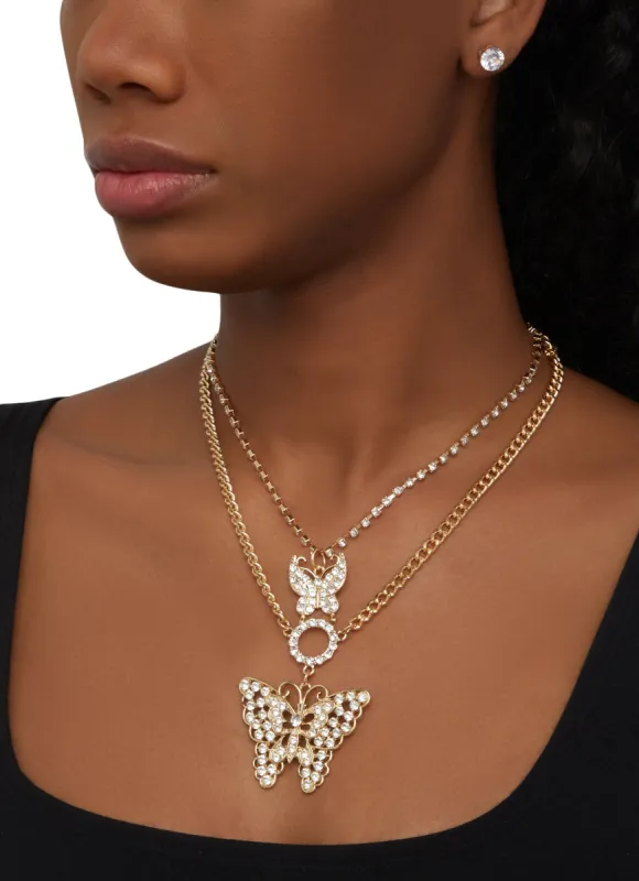 Cubic Zirconia Butterfly Layered Necklace and Stud Earrings sold by Rainbow