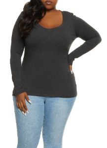 Plus Size Basic V Neck Long Sleeve Tee sold by Rainbow