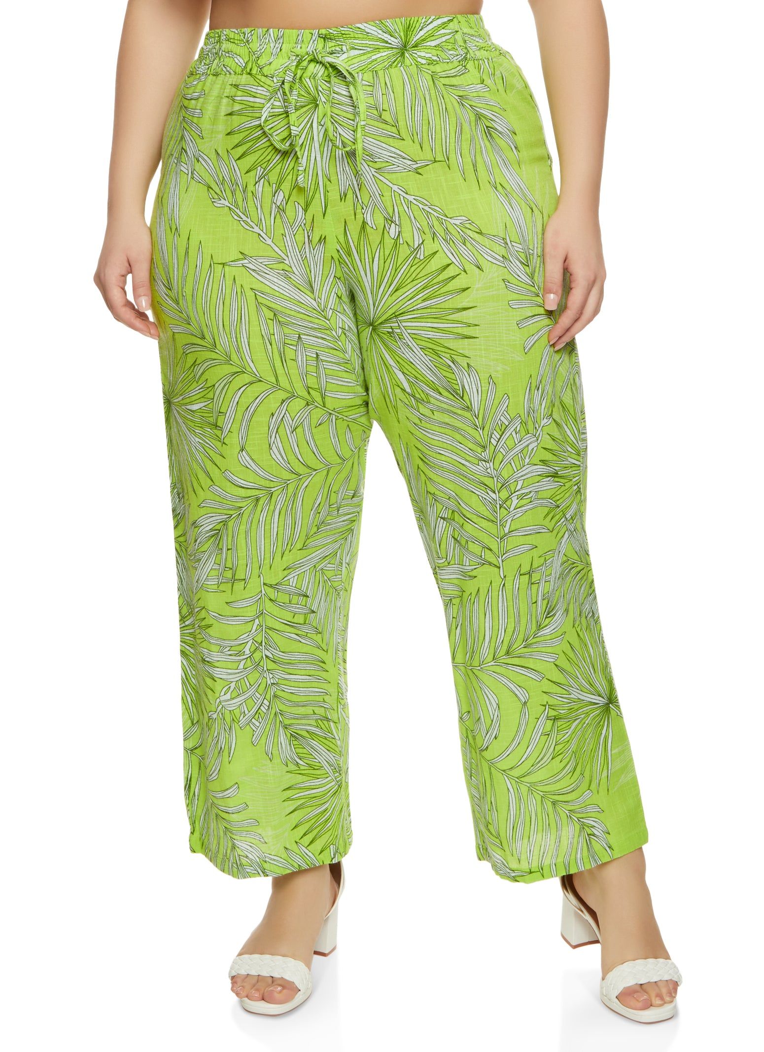 Plus Size Palm Print Drawstring Wide Leg Pants sold by Rainbow