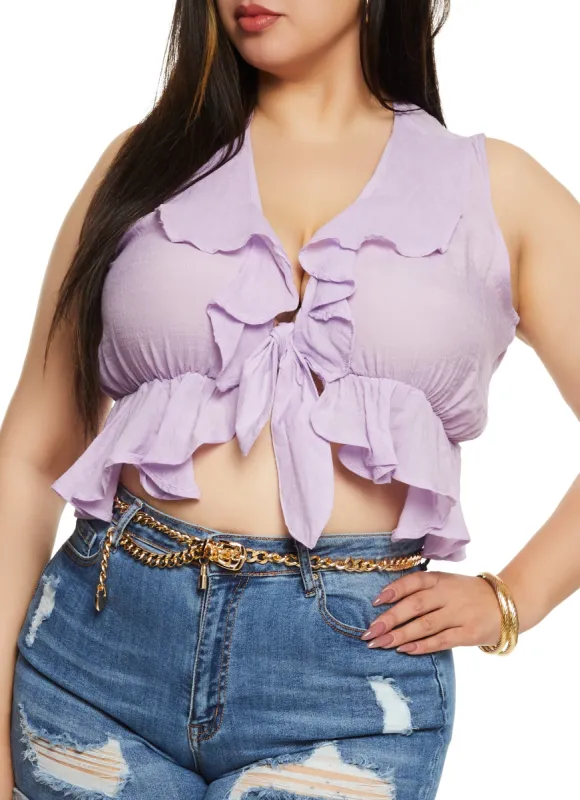 Plus Size Gauze Knit Ruffled Tie Front Crop Top sold by Rainbow