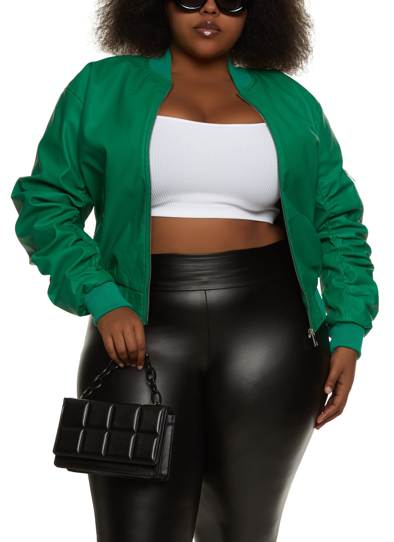 Plus Size Faux Leather Ruched Sleeve Bomber Jacket sold by Rainbow