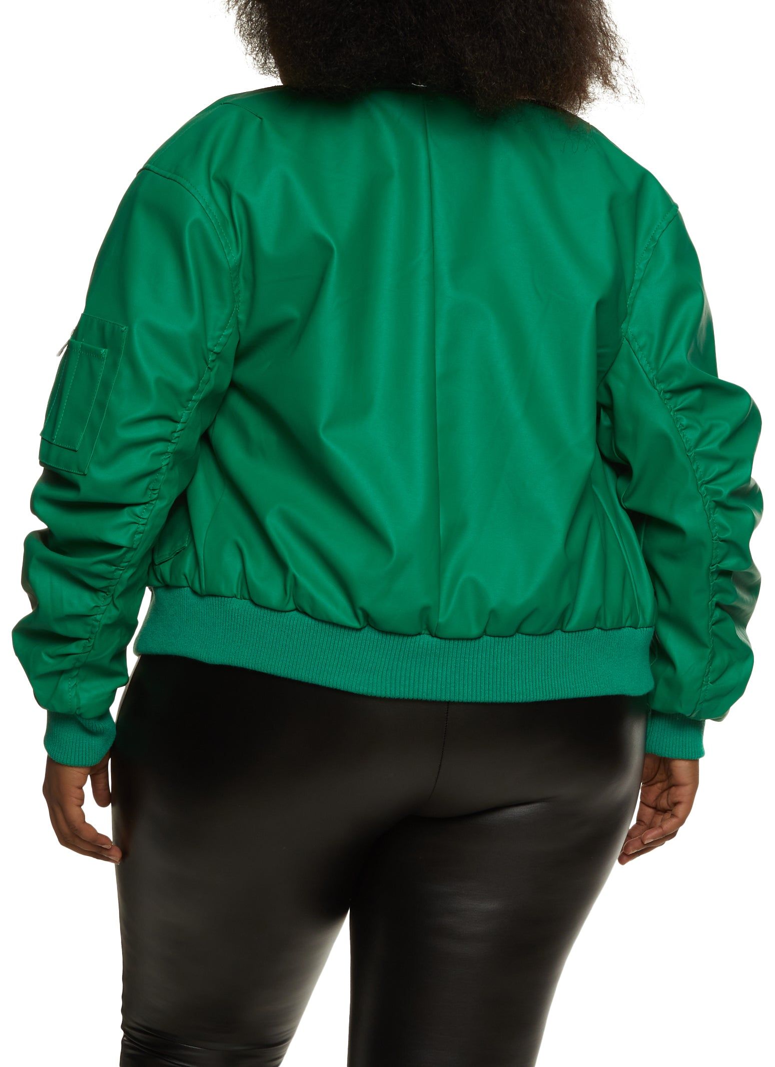 Plus Size Faux Leather Ruched Sleeve Bomber Jacket sold by Rainbow product image thumbnail 2