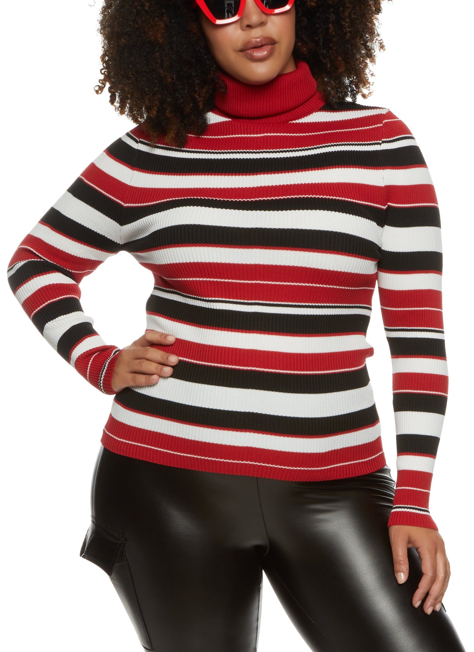Plus Size Rib Knit Striped Turtleneck Top sold by Rainbow