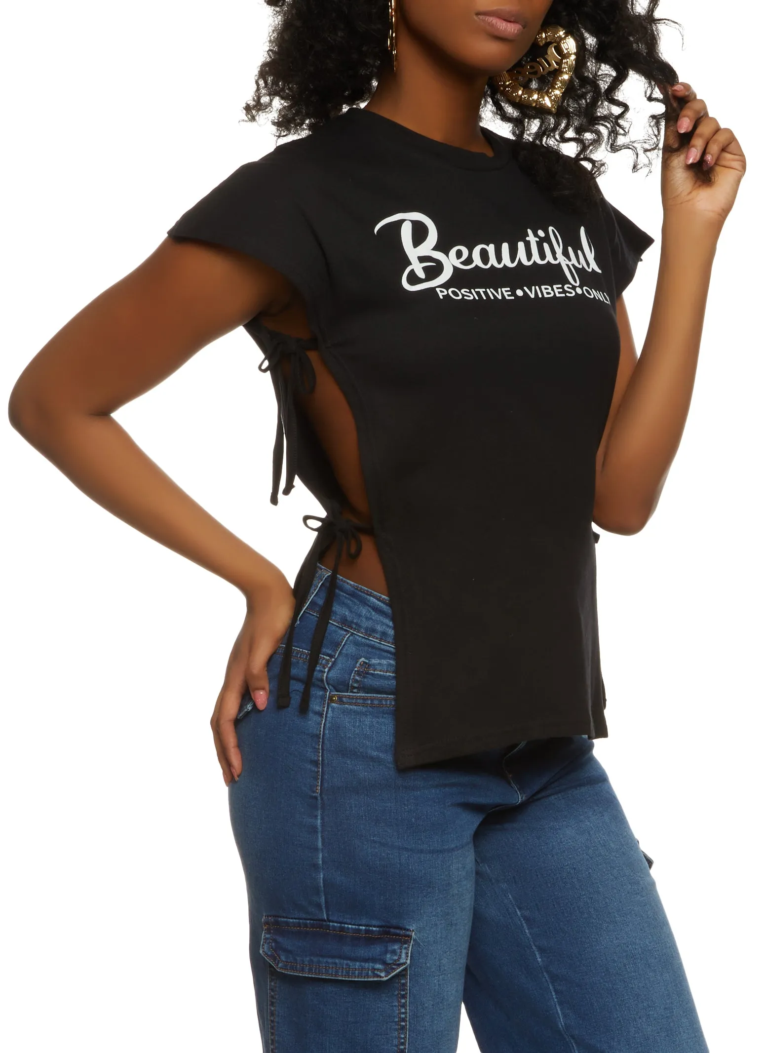Beautiful Positive Vibes Only Side Tie Tee sold by Rainbow