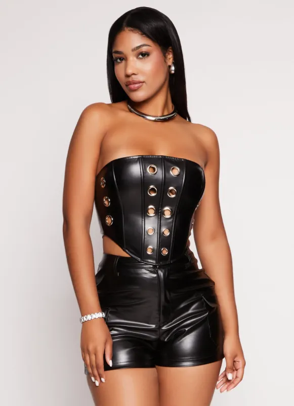 Faux Leather Grommet Detail Corset Crop Top sold by Rainbow