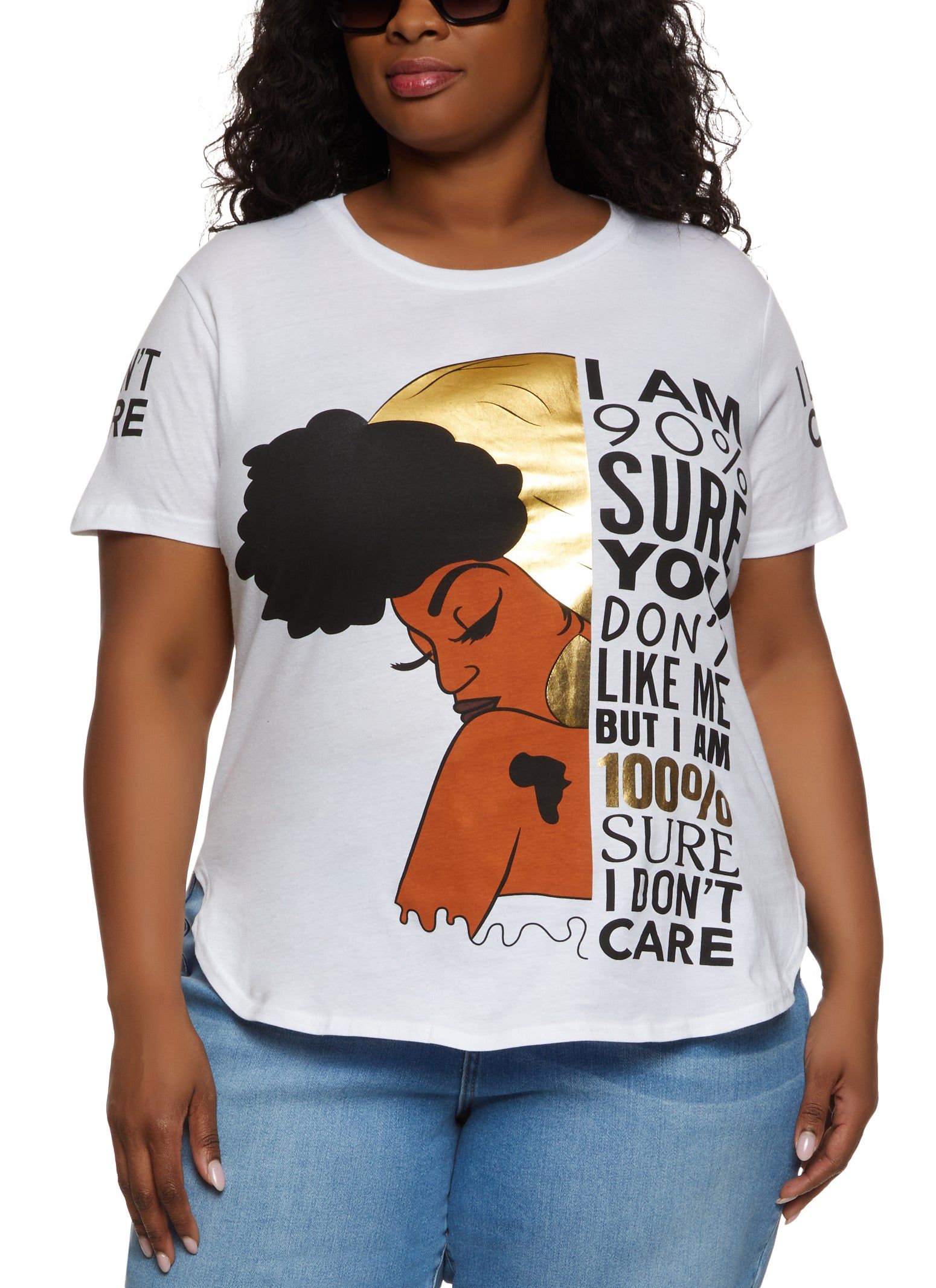 Plus Size I Dont Care Foil Screen Graphic Tee sold by Rainbow