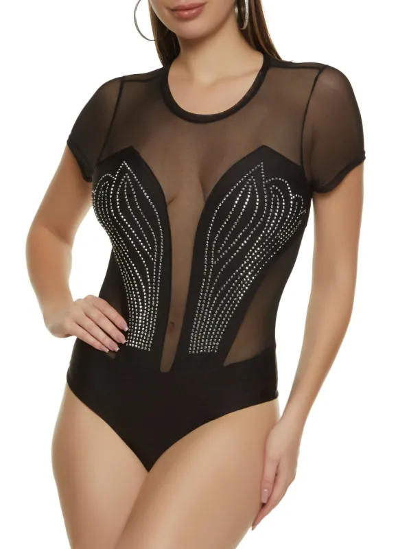 Sheer Mesh Rhinestone Bodysuit sold by Rainbow