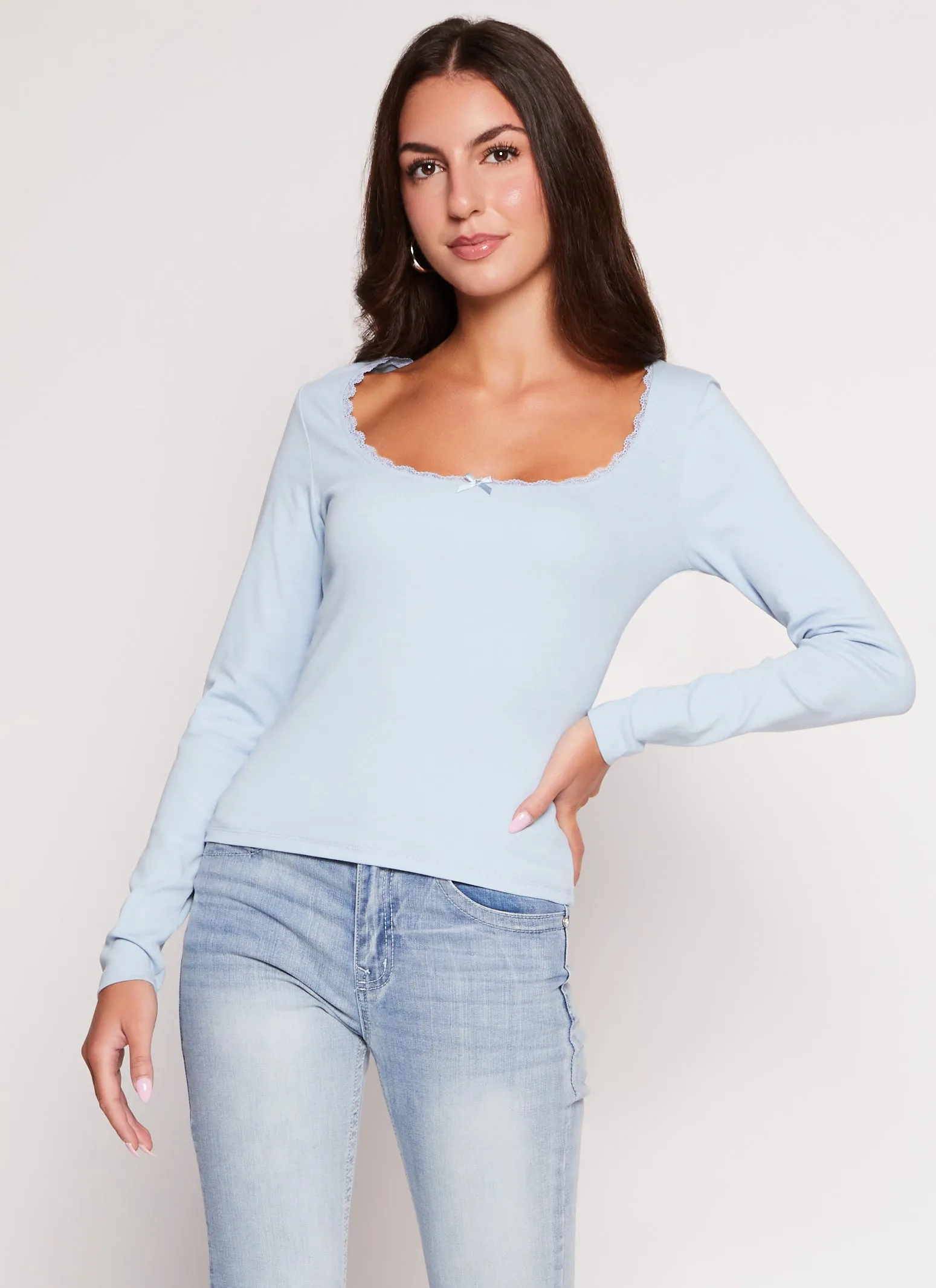 Lace Trim Scoop Neck Long Sleeve Top sold by Rainbow