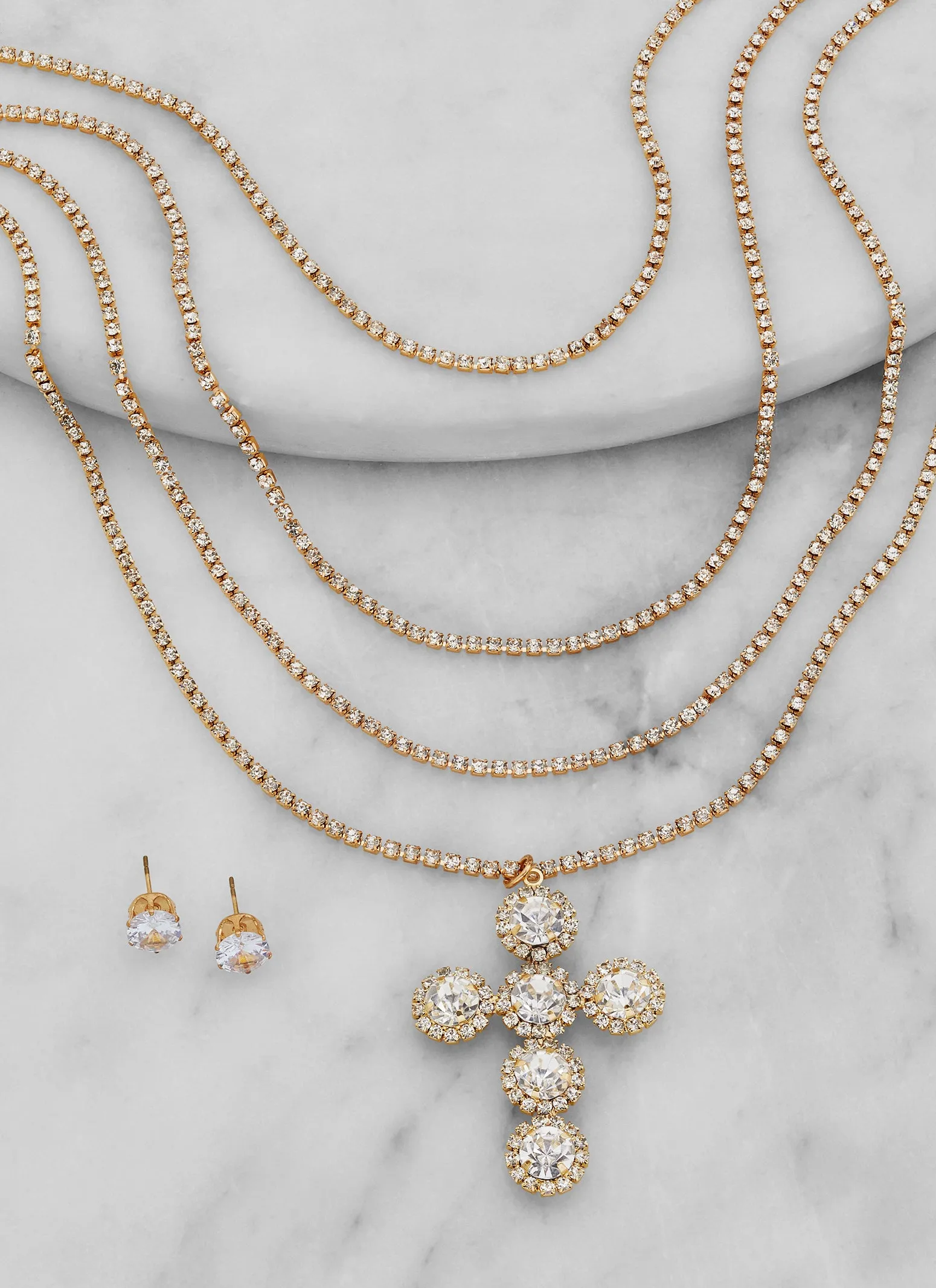 Cubic Zirconia Cross Layered Necklace with Stud Earrings sold by Rainbow product image thumbnail 2