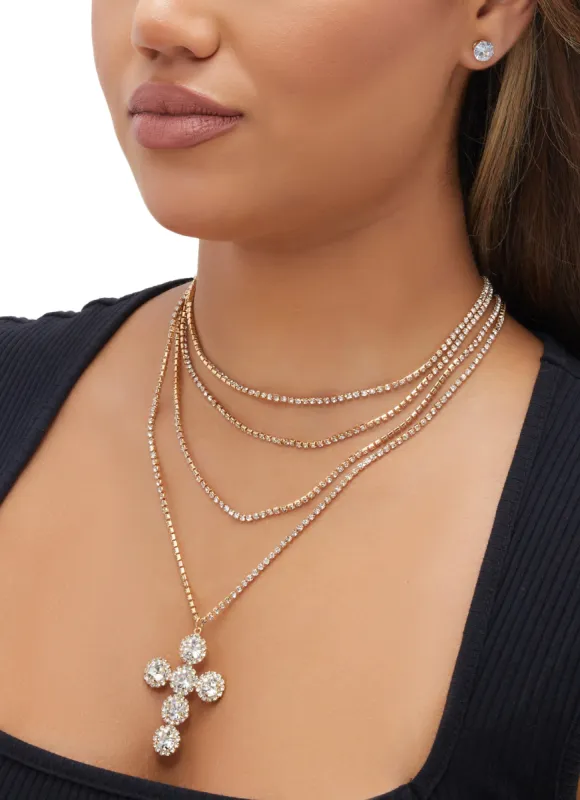 Cubic Zirconia Cross Layered Necklace with Stud Earrings sold by Rainbow
