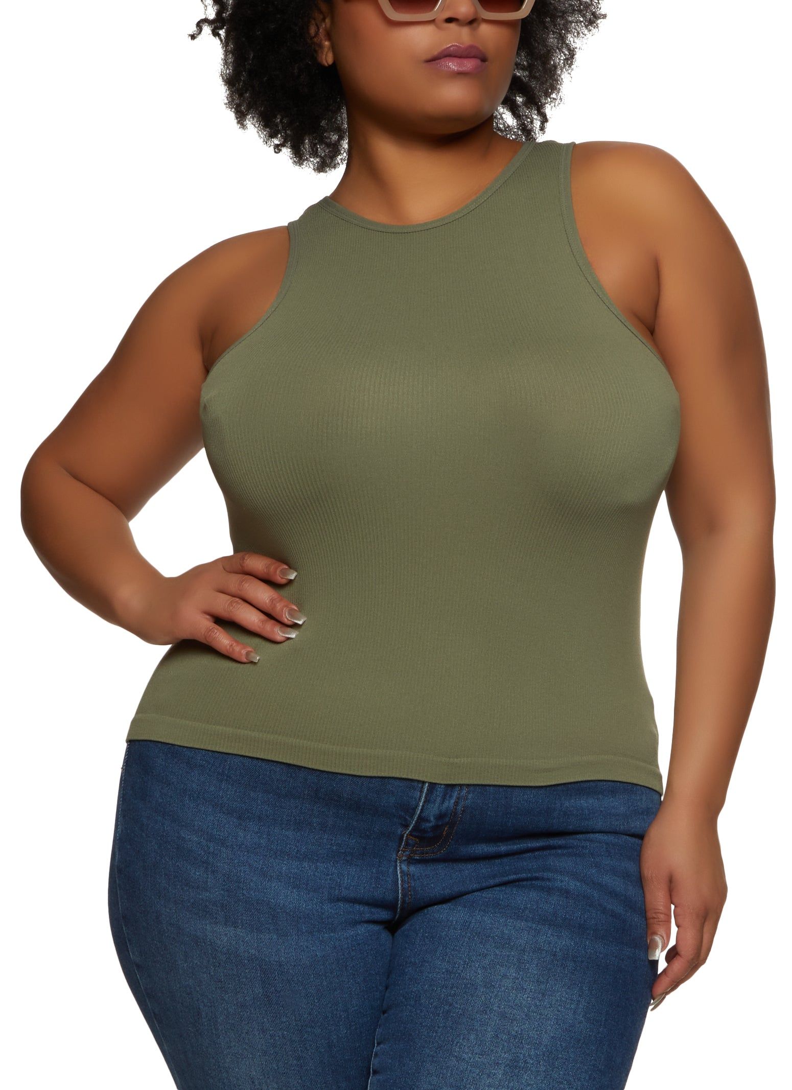Plus Size Basic Ribbed Knit Seamless Tank Top sold by Rainbow