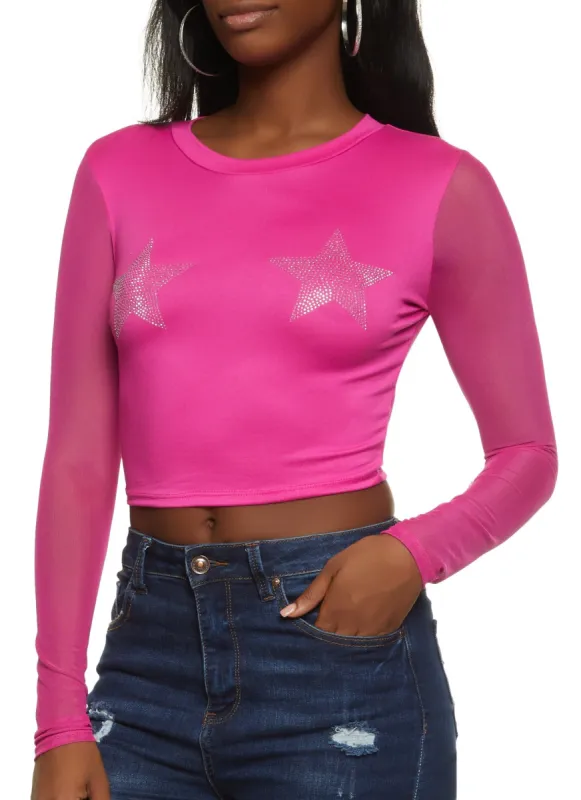 Rhinestone Star Mesh Sleeve Crop Top sold by Rainbow