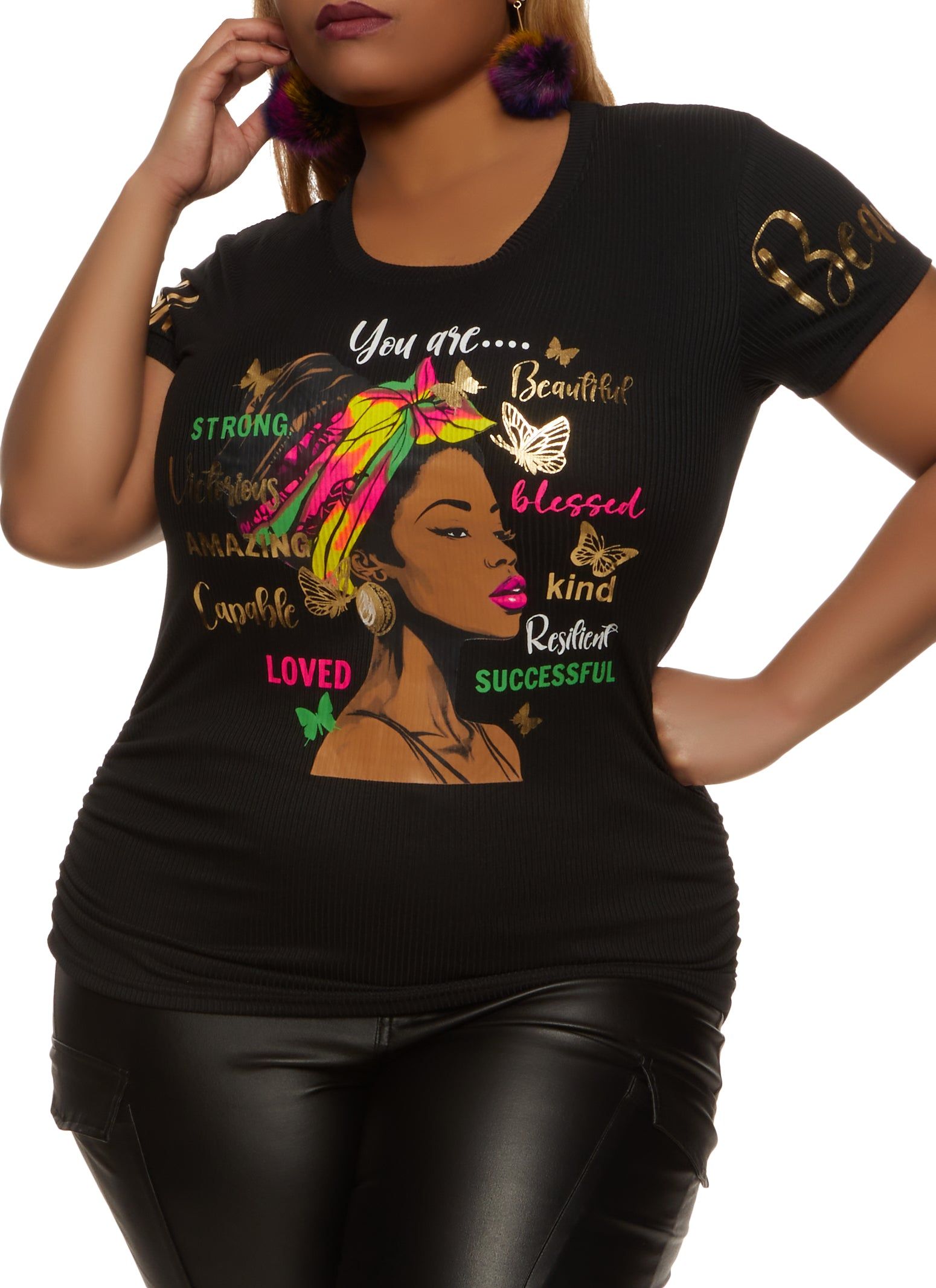 Plus Size Foil Screen Ruched Graphic Tee sold by Rainbow