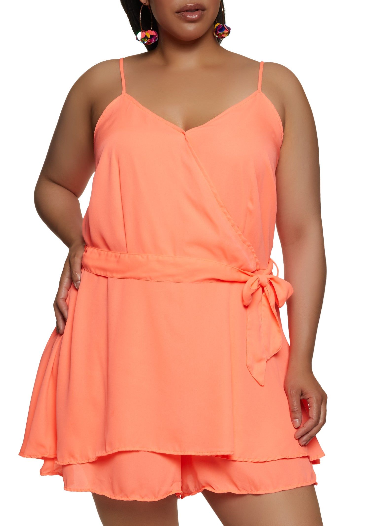 Plus Size Tie Waist Faux Wrap Romper sold by Rainbow