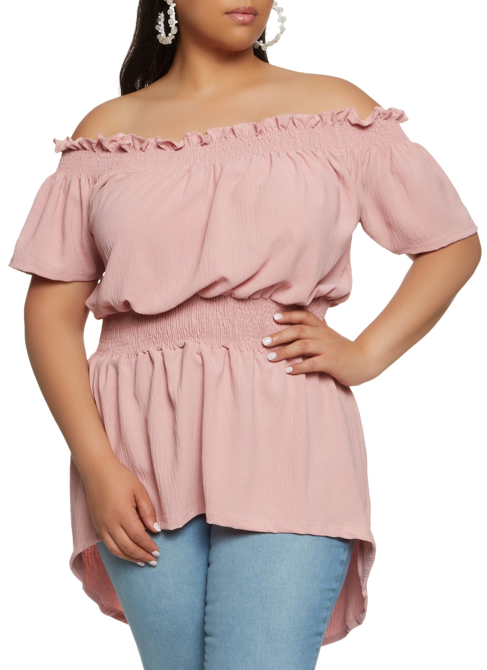 Plus Size Off the Shoulder High Low Smocked Peasant Top sold by Rainbow