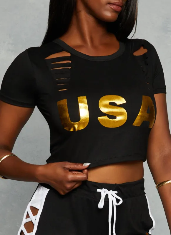 Slashed Foil USA Graphic Crop Top sold by Rainbow