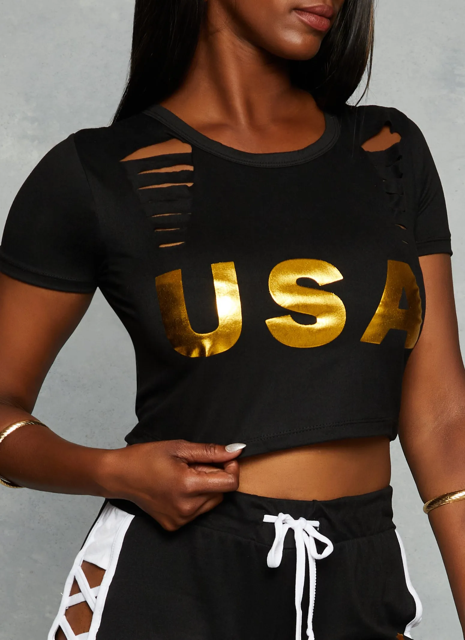 Slashed Foil USA Graphic Crop Top sold by Rainbow