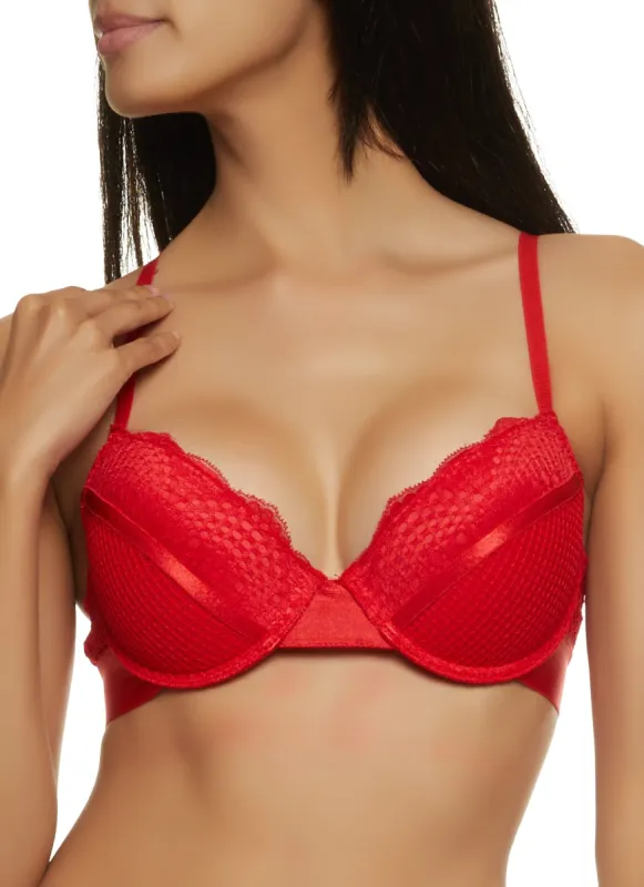 Ribbon Trim Fishnet Detail Lace Plunge Bra sold by Rainbow