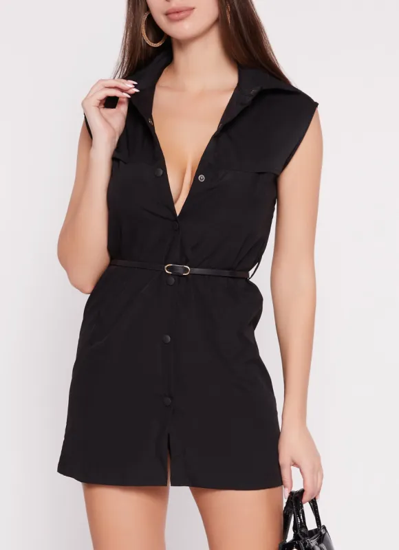 Belted Sleeveless Snap Button Front Mini Dress sold by Rainbow