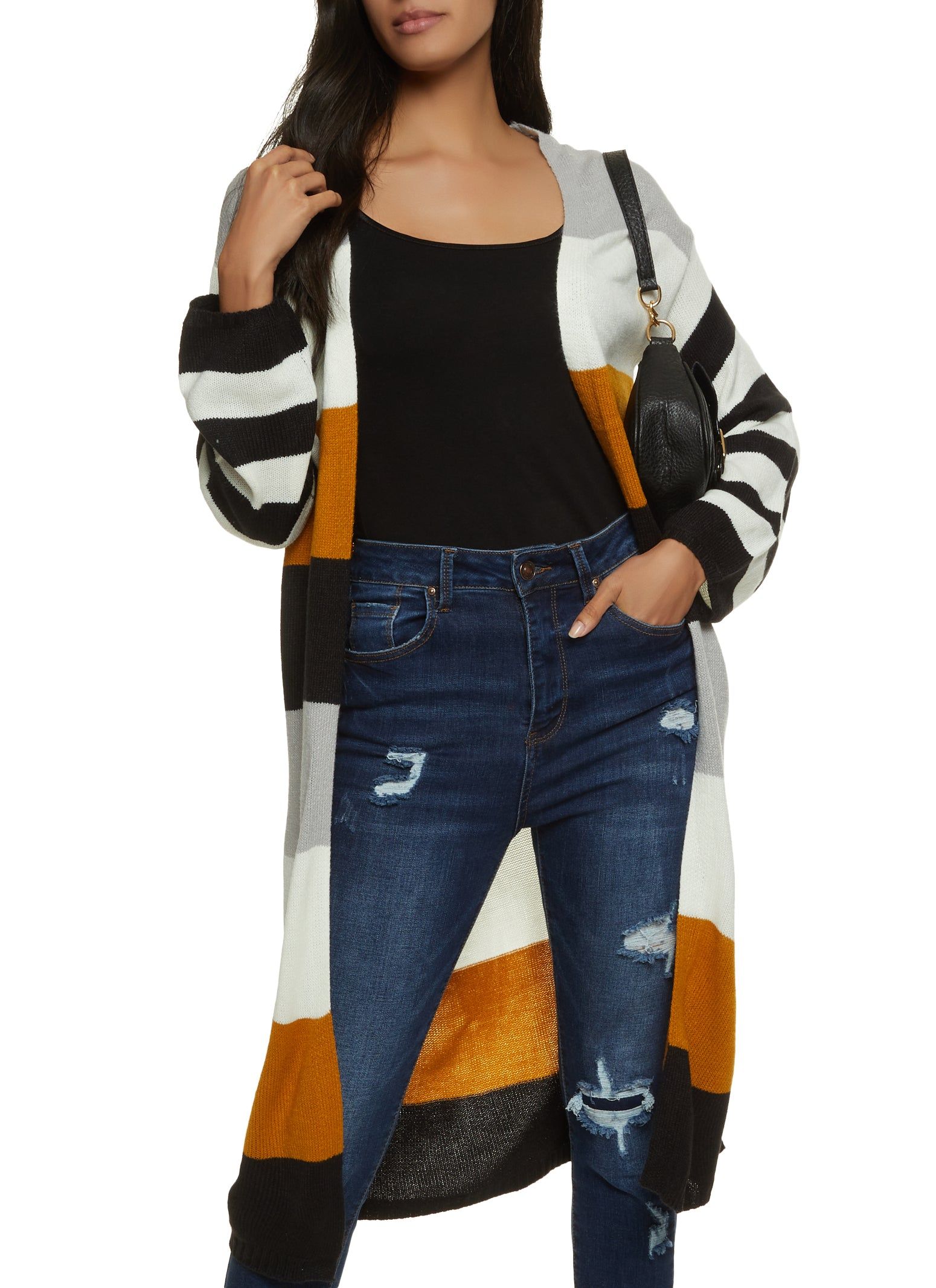 Color Block Striped Sleeve Long Cardigan sold by Rainbow