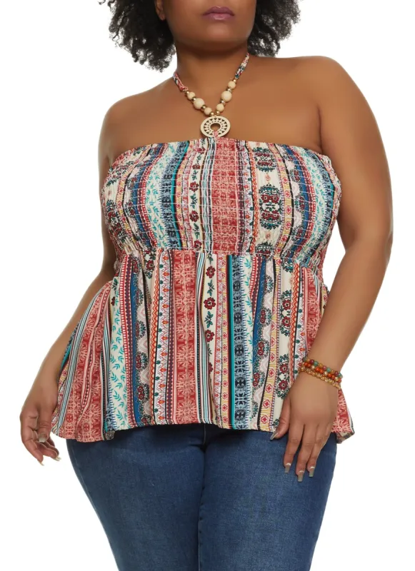 Plus Size Border Print Beaded Halter Top sold by Rainbow