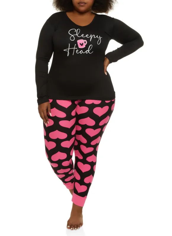 Plus Size Sleepy Head Pajama Top and Printed Pants sold by Rainbow