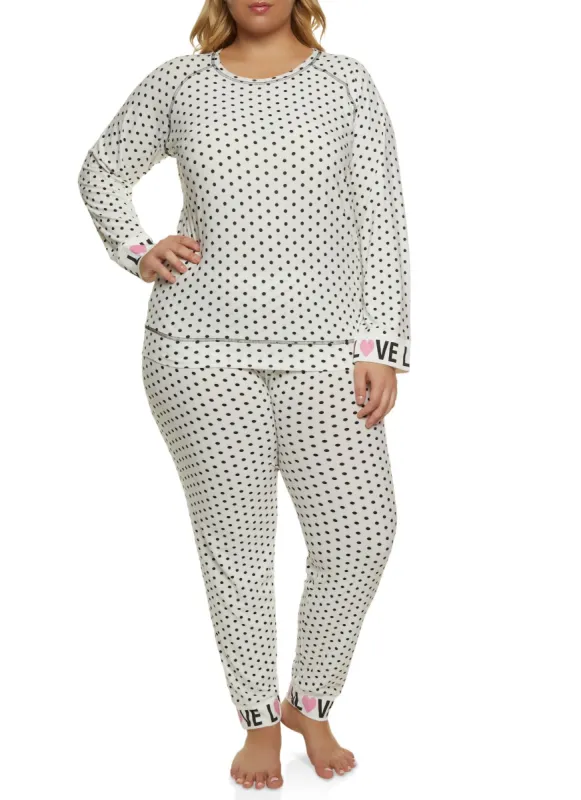 Plus Size Polka Dot Love Cuff Pajama Top and Pants sold by Rainbow