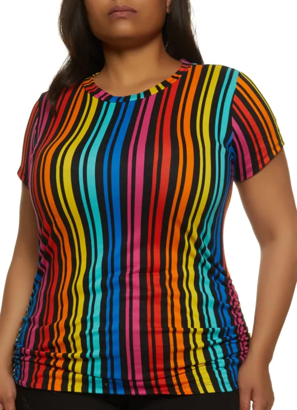Plus Size Rainbow Striped Ruched Tee sold by Rainbow
