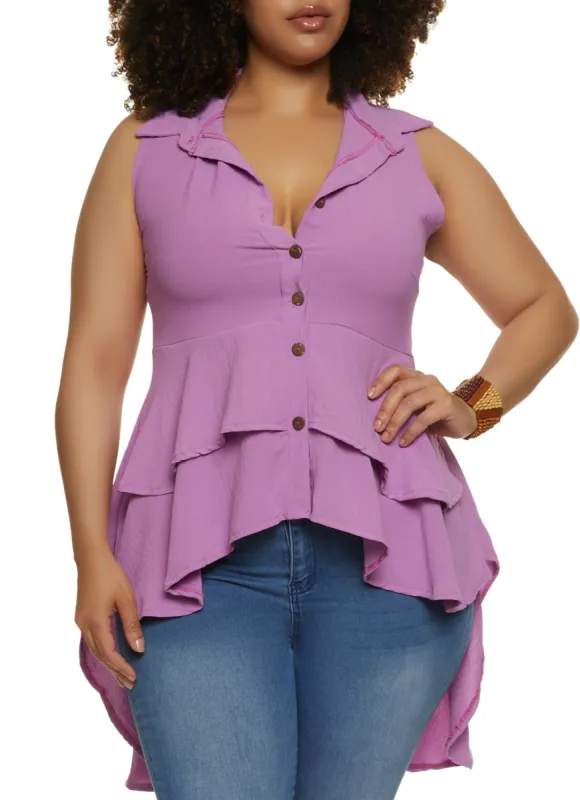 Plus Size Button Front Tiered High Low Shirt sold by Rainbow