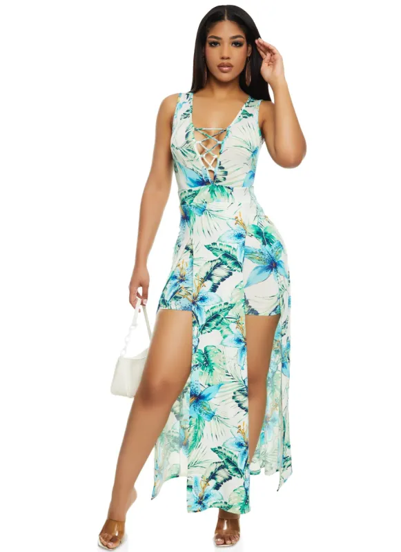 Iris Tropical Print Lace Up Front Maxi Dress sold by Rainbow
