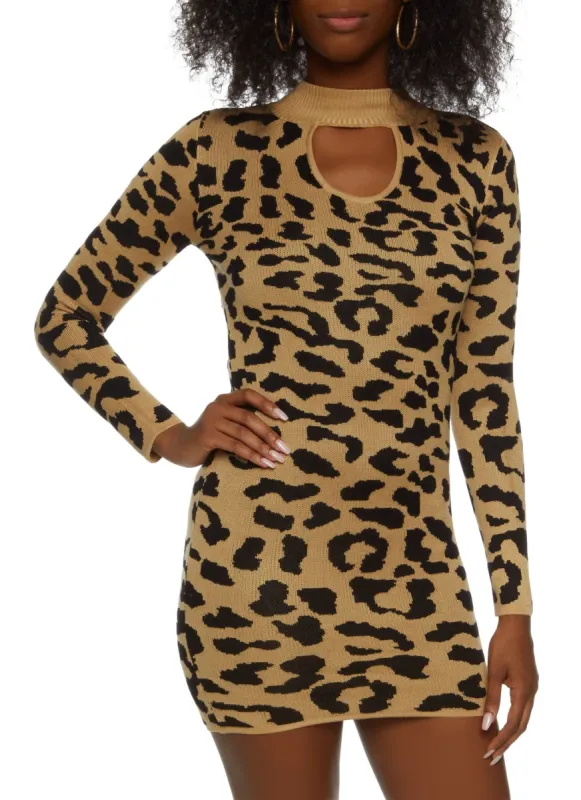Mock Neck Animal Print Keyhole Sweater Dress sold by Rainbow