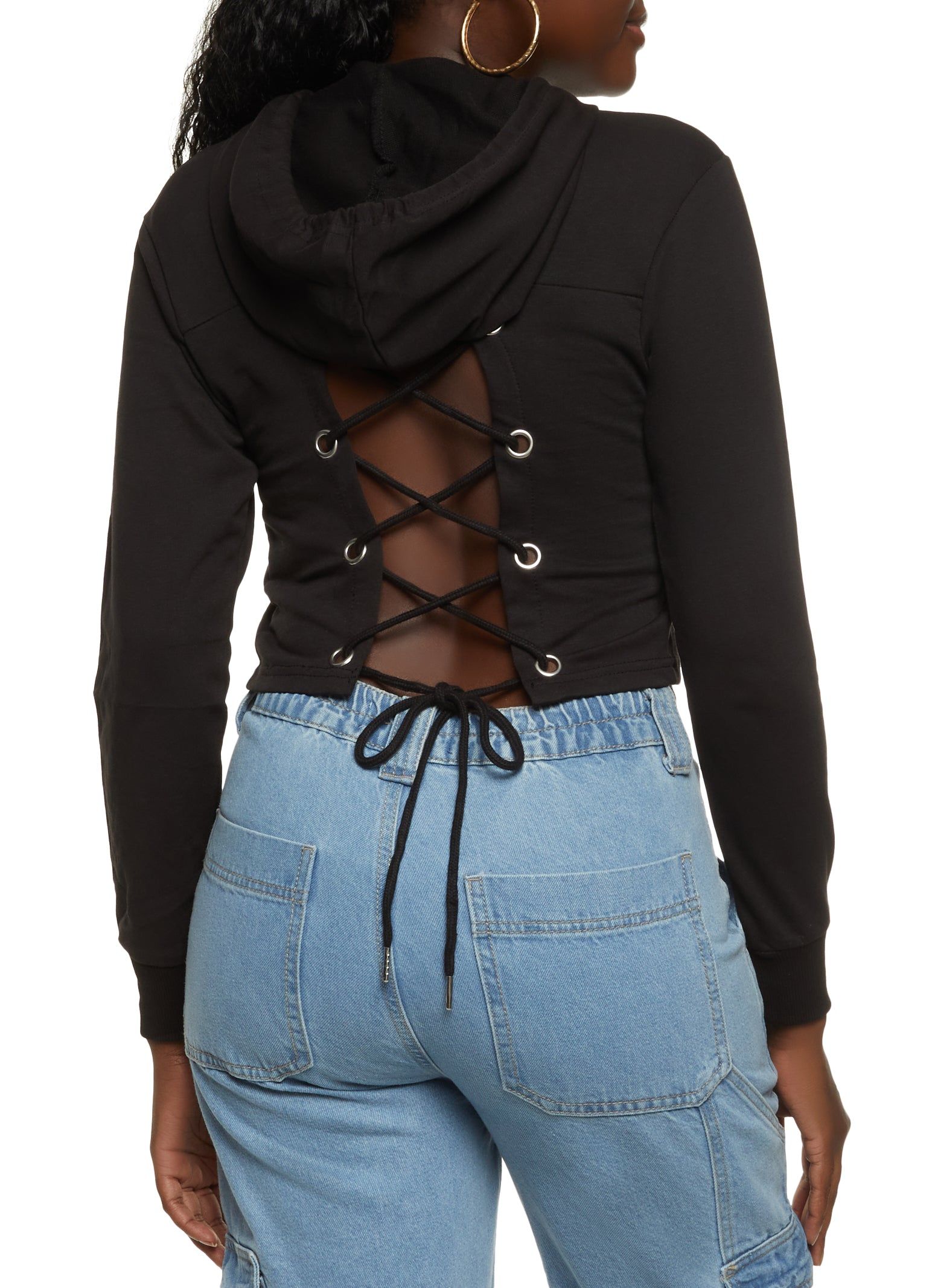 Lace Up Back Pullover Cropped Hoodie sold by Rainbow