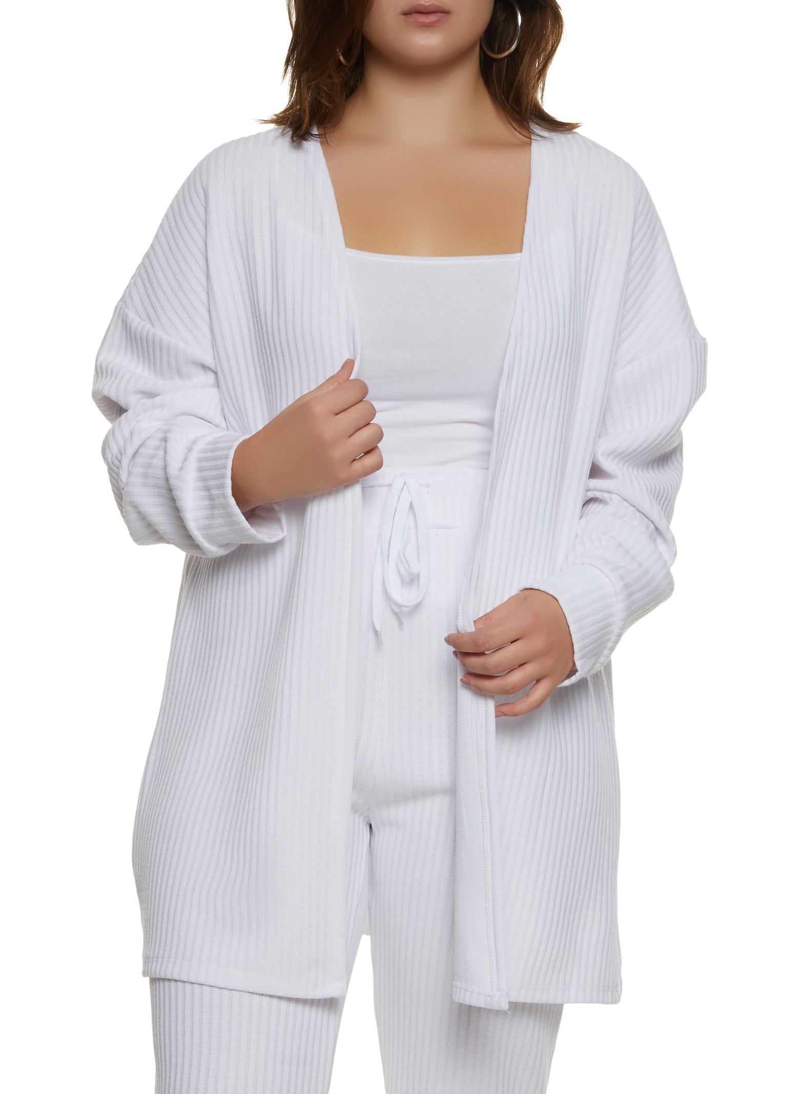 Plus Size Ribbed Drop Shoulder Open Front Cardigan sold by Rainbow