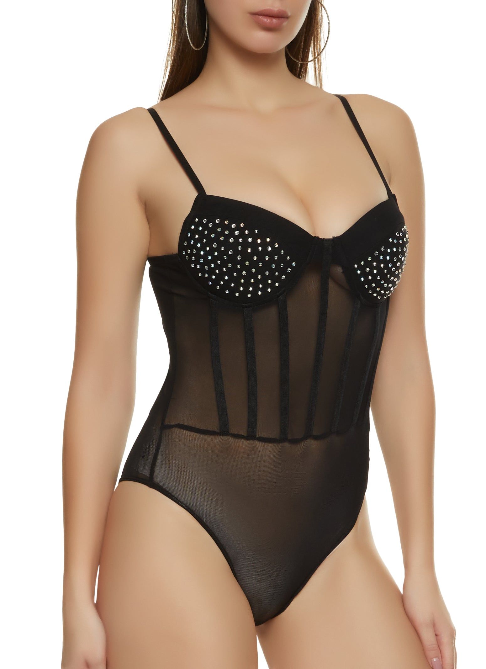 Mesh Rhinestone Detail Bustier Cami Bodysuit sold by Rainbow