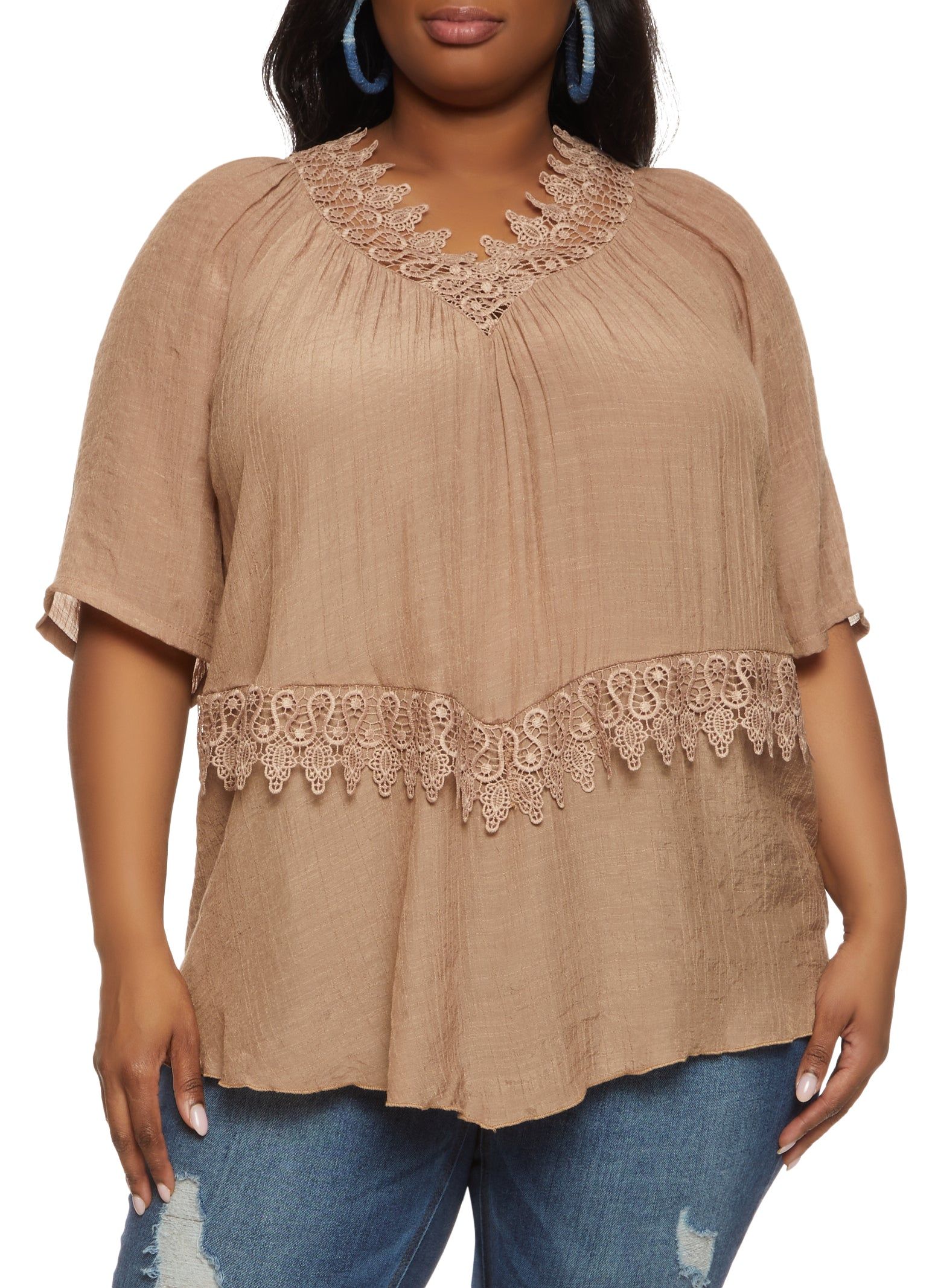 Plus Size Gauze Knit Crochet Lace Trim Blouse sold by Rainbow