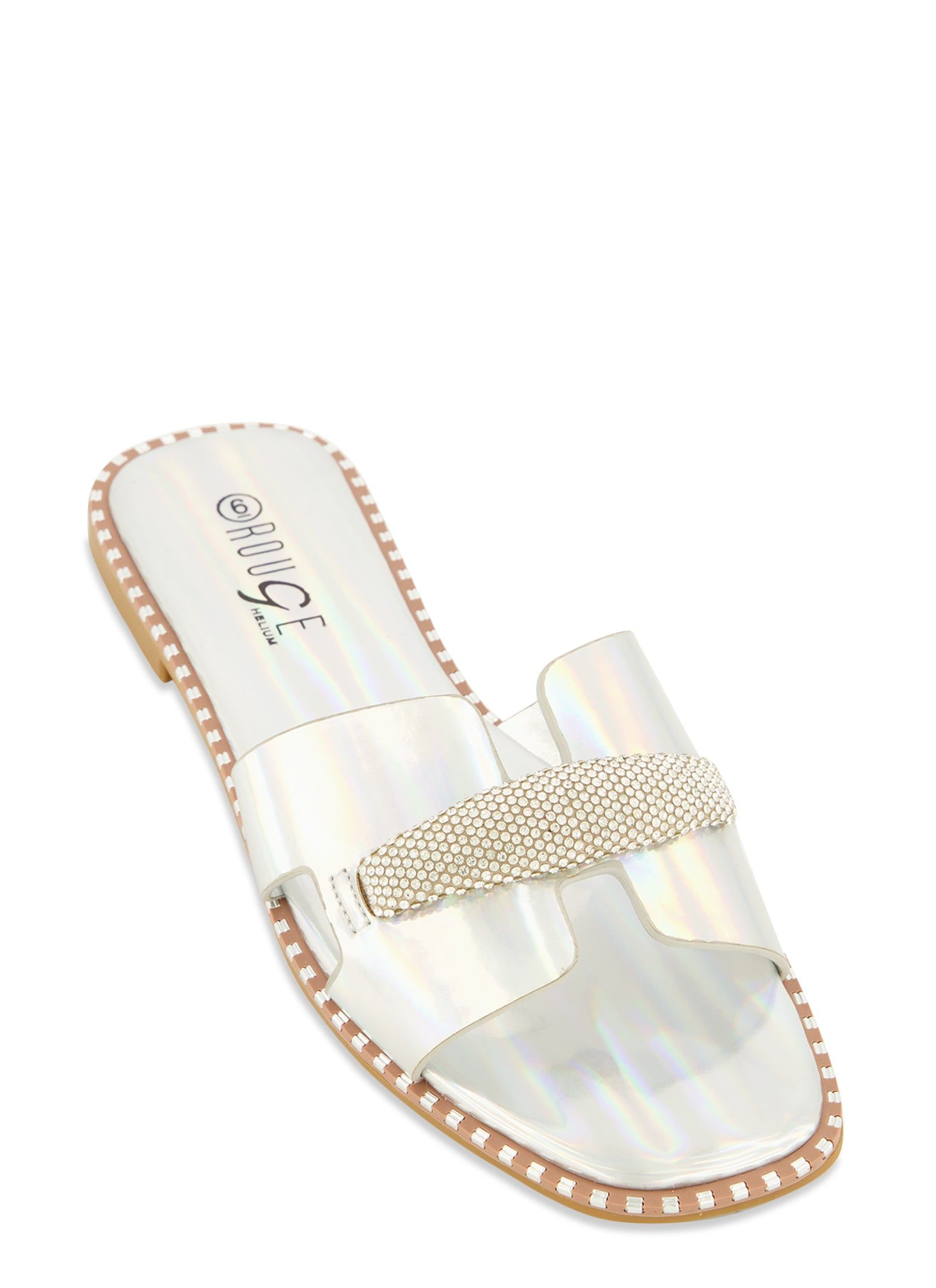 Studded Trim Rhinestone Cut Out Band Slide Sandals sold by Rainbow