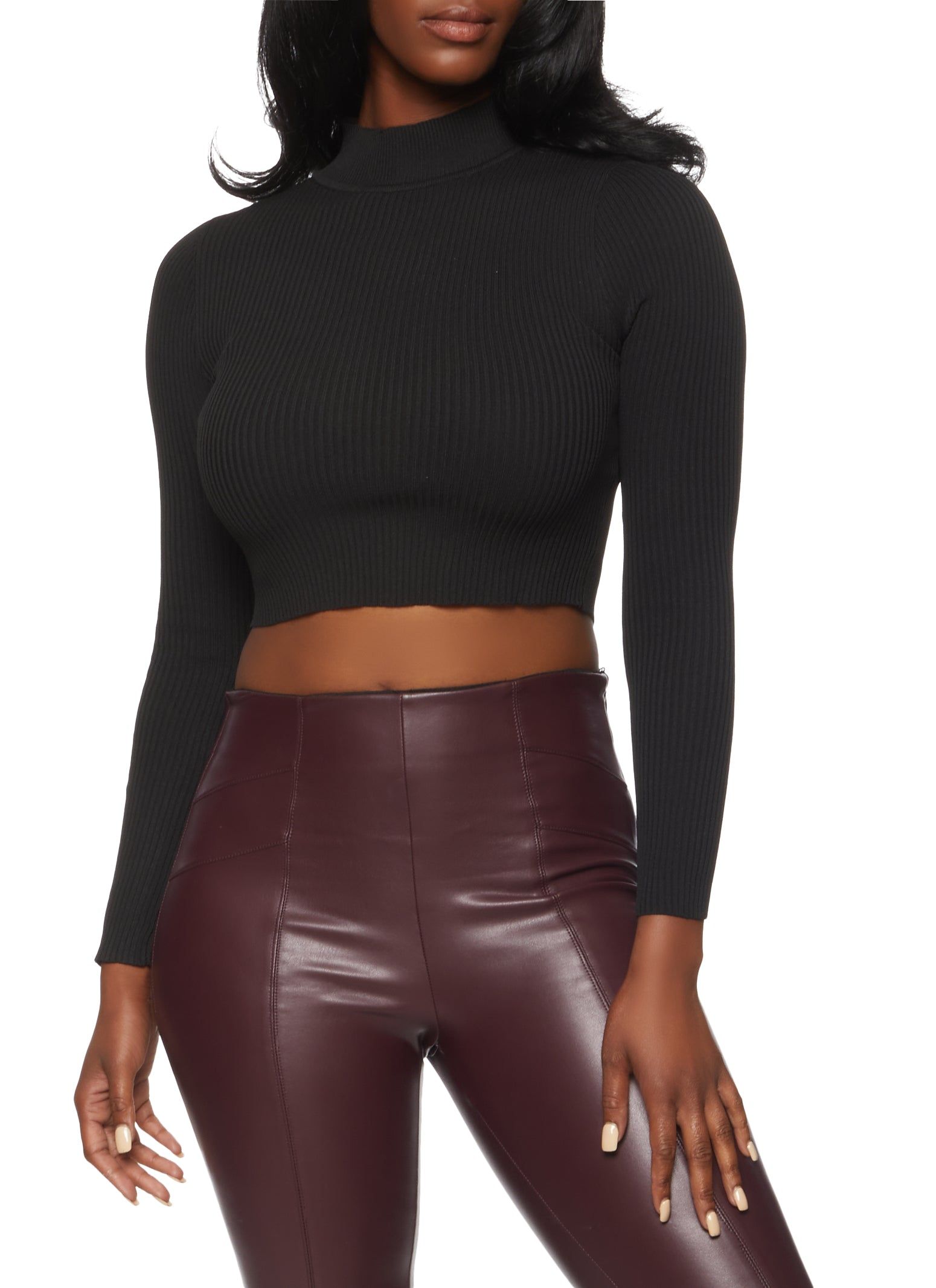 Rib Knit Mock Neck Cropped Sweater sold by Rainbow