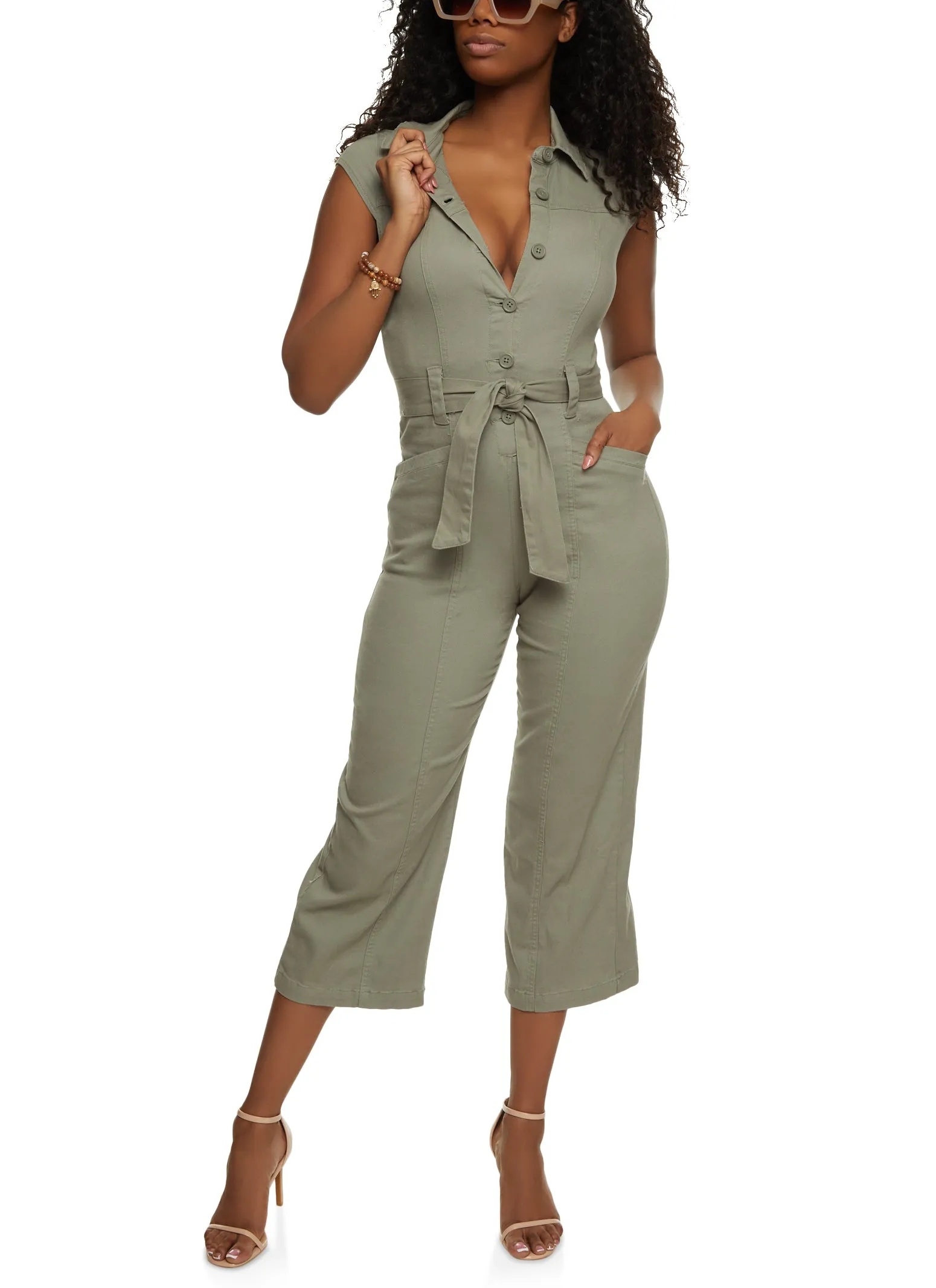 Twill Belted Cropped Jumpsuit sold by Rainbow