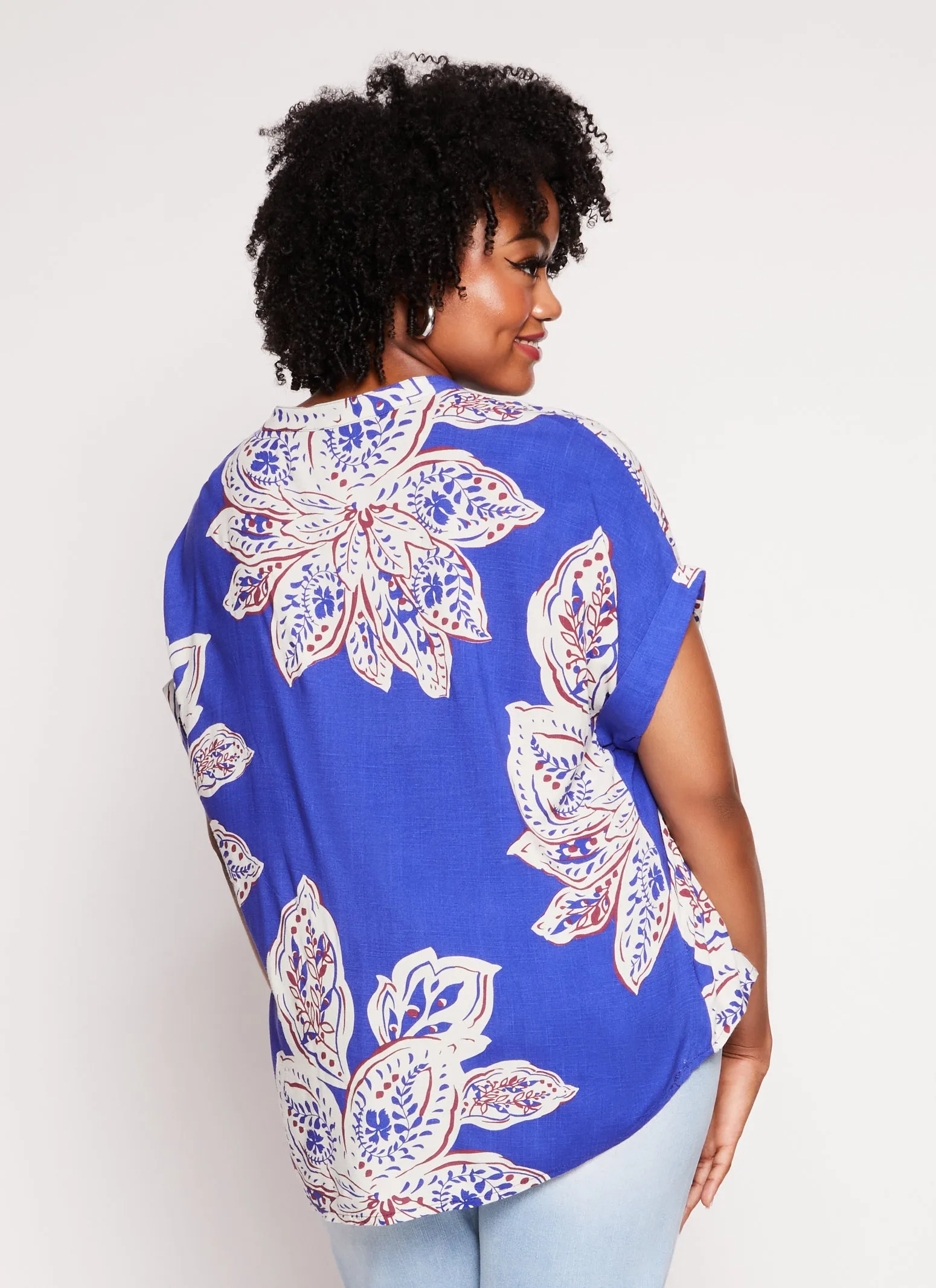 Plus Size Floral Print Button Front Cuffed Sleeve Blouse sold by Rainbow product image thumbnail 3