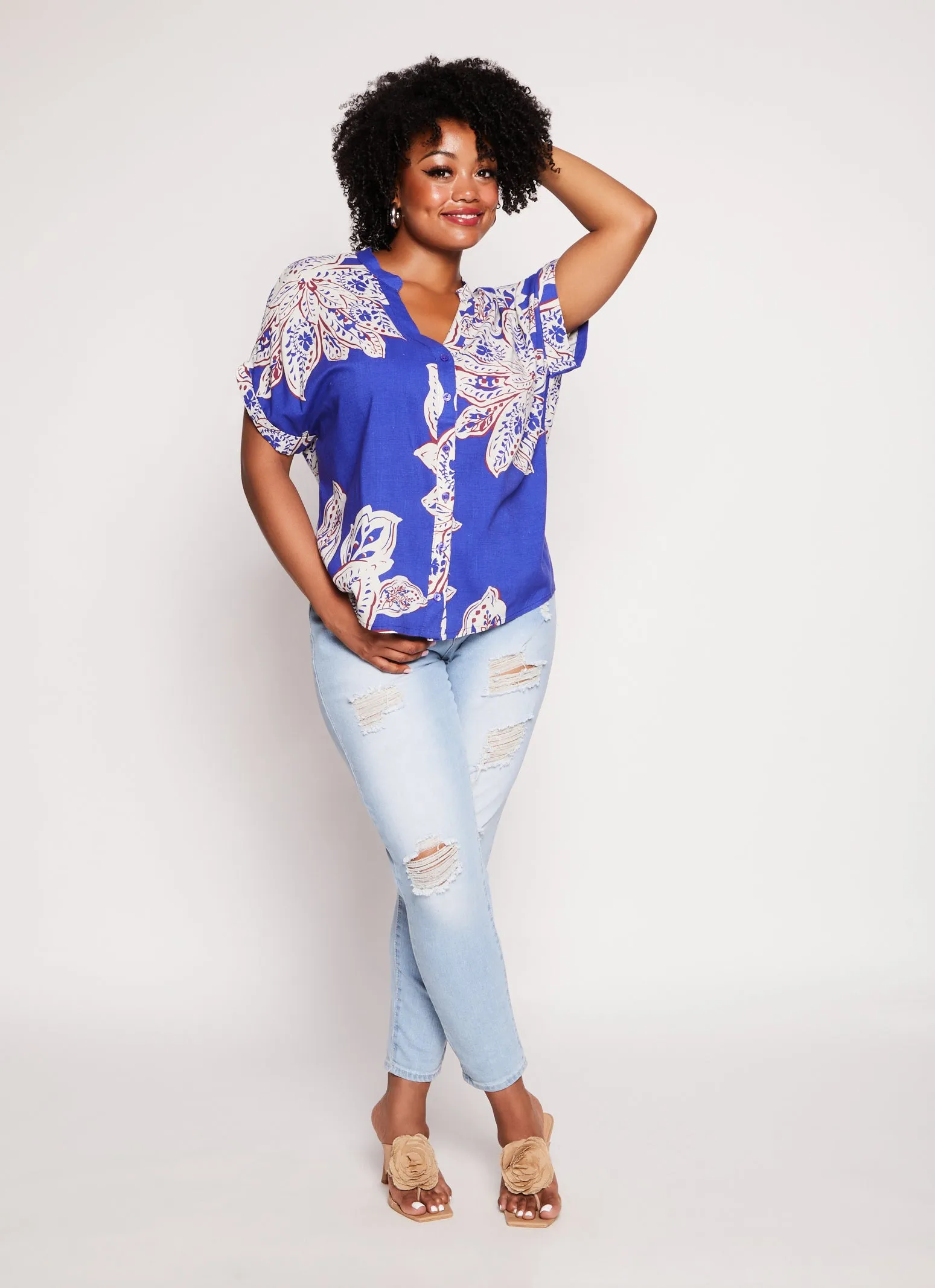 Plus Size Floral Print Button Front Cuffed Sleeve Blouse sold by Rainbow product image thumbnail 2