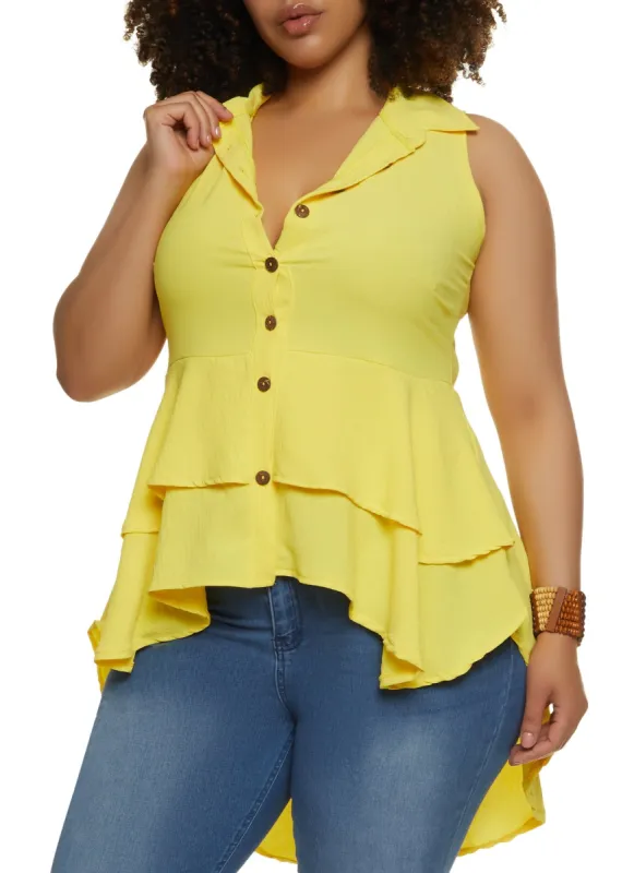 Plus Size Button Front Tiered High Low Shirt sold by Rainbow