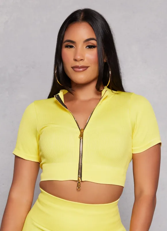 Daisy Seamless Ribbed Zip Front Short Sleeve Crop Top sold by Rainbow